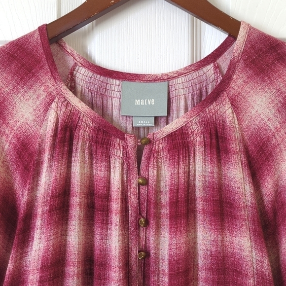 Maeve Calavan Plaid Oversized Three Quarter Sleeve Button Up Peplum Blouse Pink - Picture 3 of 15